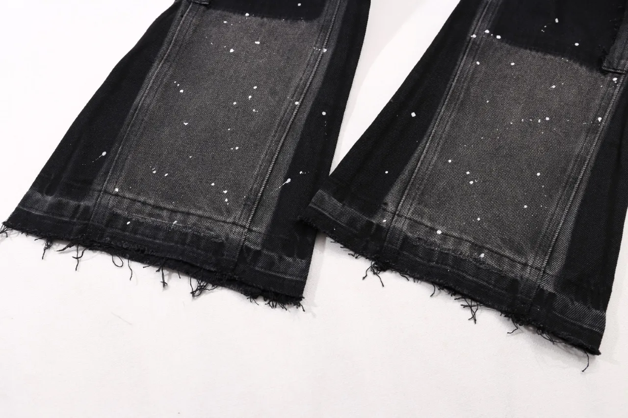 653#Gallery Dept New Hand-painted Ink Splash Patches Spliced ​​Cloth Overalls Logging Pants Distressed Washed Splicing Micro-Large Jeans Beautiful Trendy Pants Versatile Casual Pants Black Gray Khaki S~XL P290